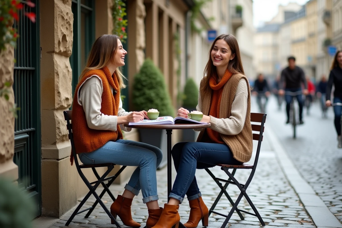 Deux femmes en tenues automnales tendance assises en terrasse parisienne pavée, riant autour de magazines lifestyle et de matcha lattes, mode 2024