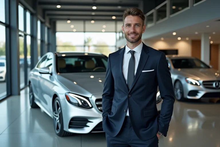 Vendeur Mercedes en costume sombre posant fièrement à côté d'une berline Mercedes-Benz argentée dans un showroom moderne