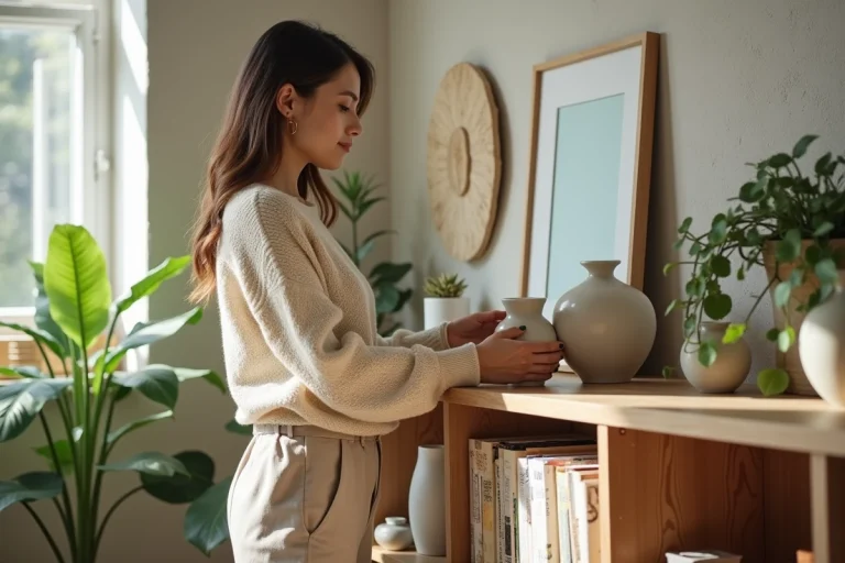 Femme arrangeant des vases en céramique dans un salon lumineux